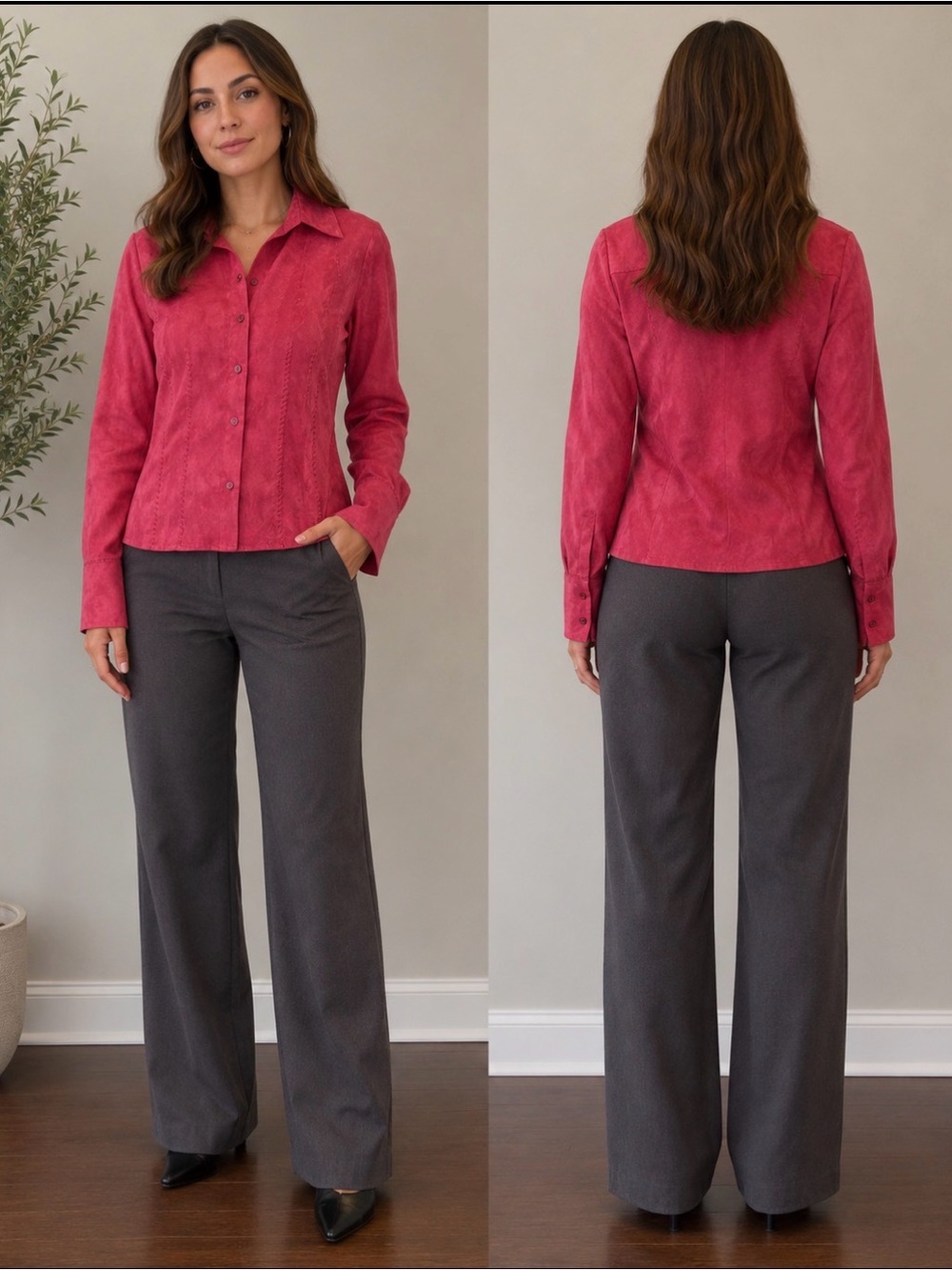 Worthington Vintage Red Suede Button Down Women’s Blouse Sz S Front Stitching